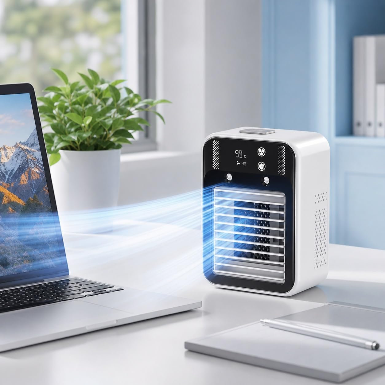 Raffreddatore d'aria portatile con umidificatore a nebbia e timer 2 ore/4 | Serbatoio da 500 Ml, Alimentazione Usb-c, Flusso D'aria Regolabile, Display Digitale, Uso Scrivania In Camera da Letto