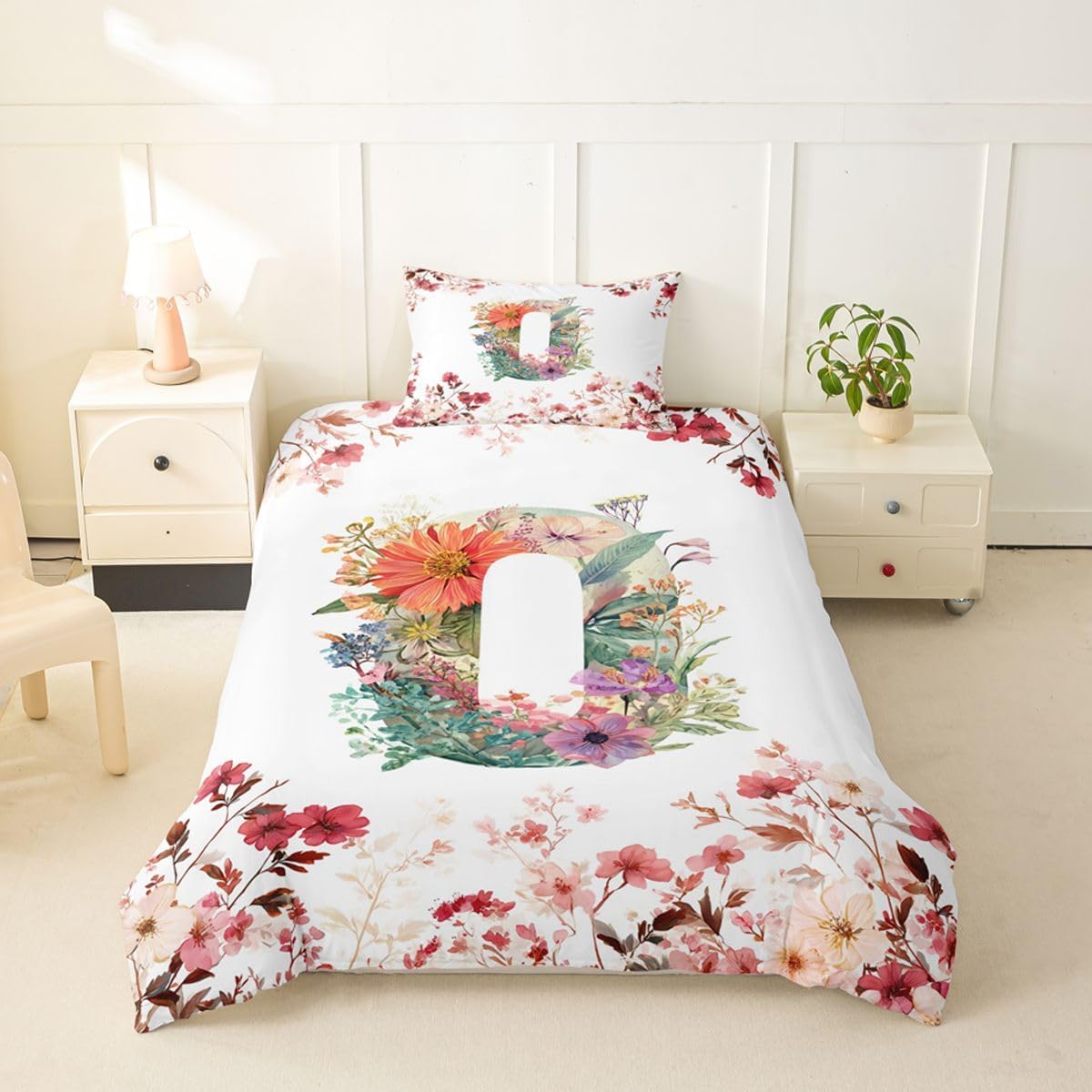 Erosebridal Spring Floral Toddler Duvet Cover Vintage Botanical Alphabet Letter Room Decor Bedding Set Watercolor Petals Personalized Initial O Comforter Cover,Coquette Cottagecore Monogrammed Bed Set