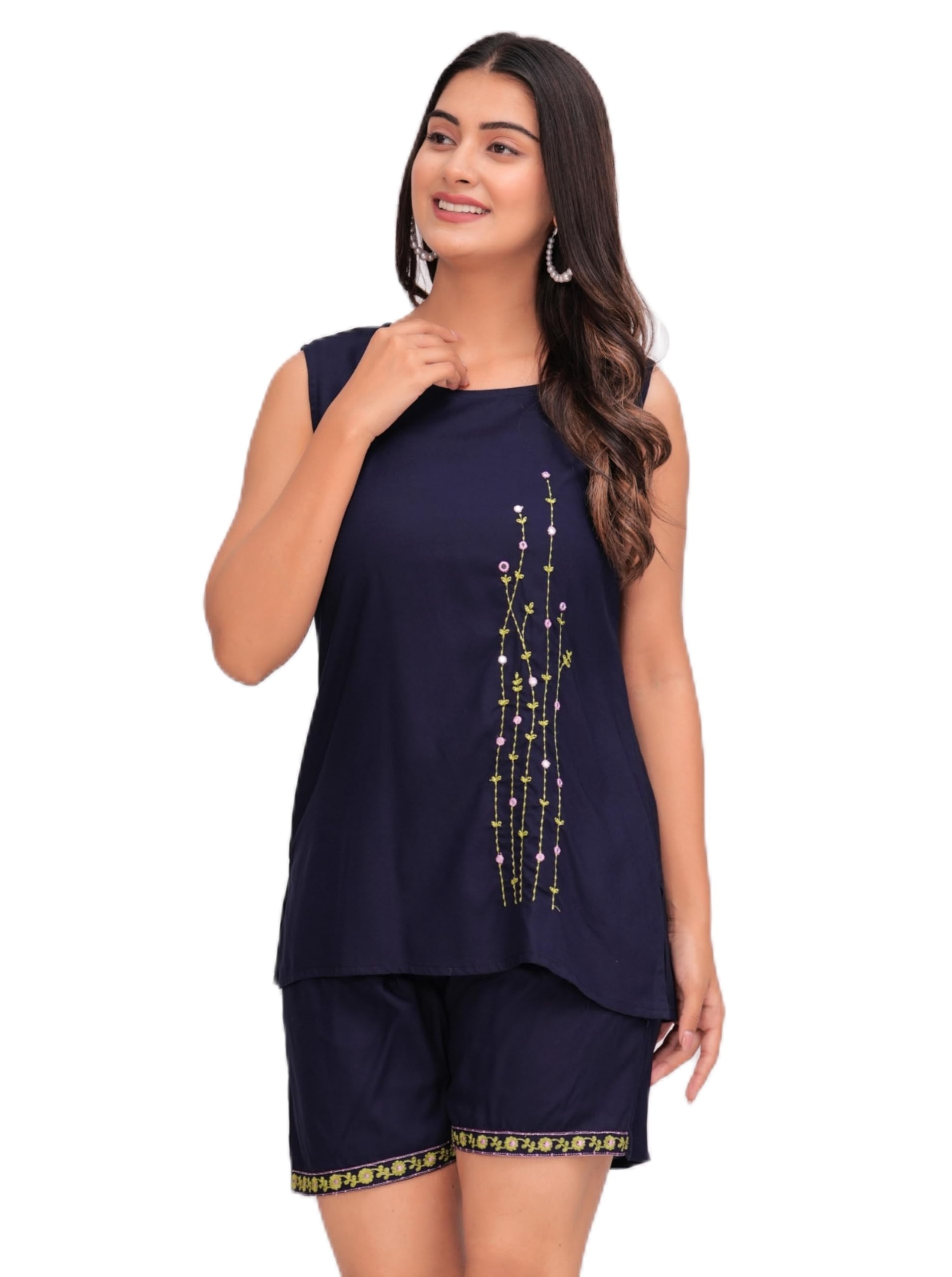 Women's Styles Embroidery Round-Neck Sleeveless Top with Short Set | Cord Set | Tops & Bottom set-image-8