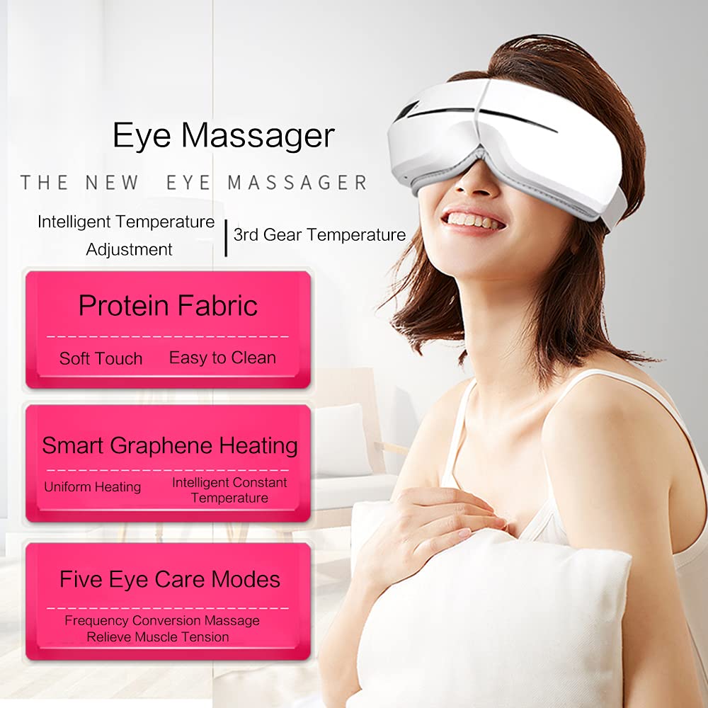 Masajeador eléctrico de ojos con calor, máscara de masaje de ojos recargable con música Bluetooth, masajeador de calor para relajar y reducir la tensión ocular, ojeras, bolsas de ojos secos, mejorar
