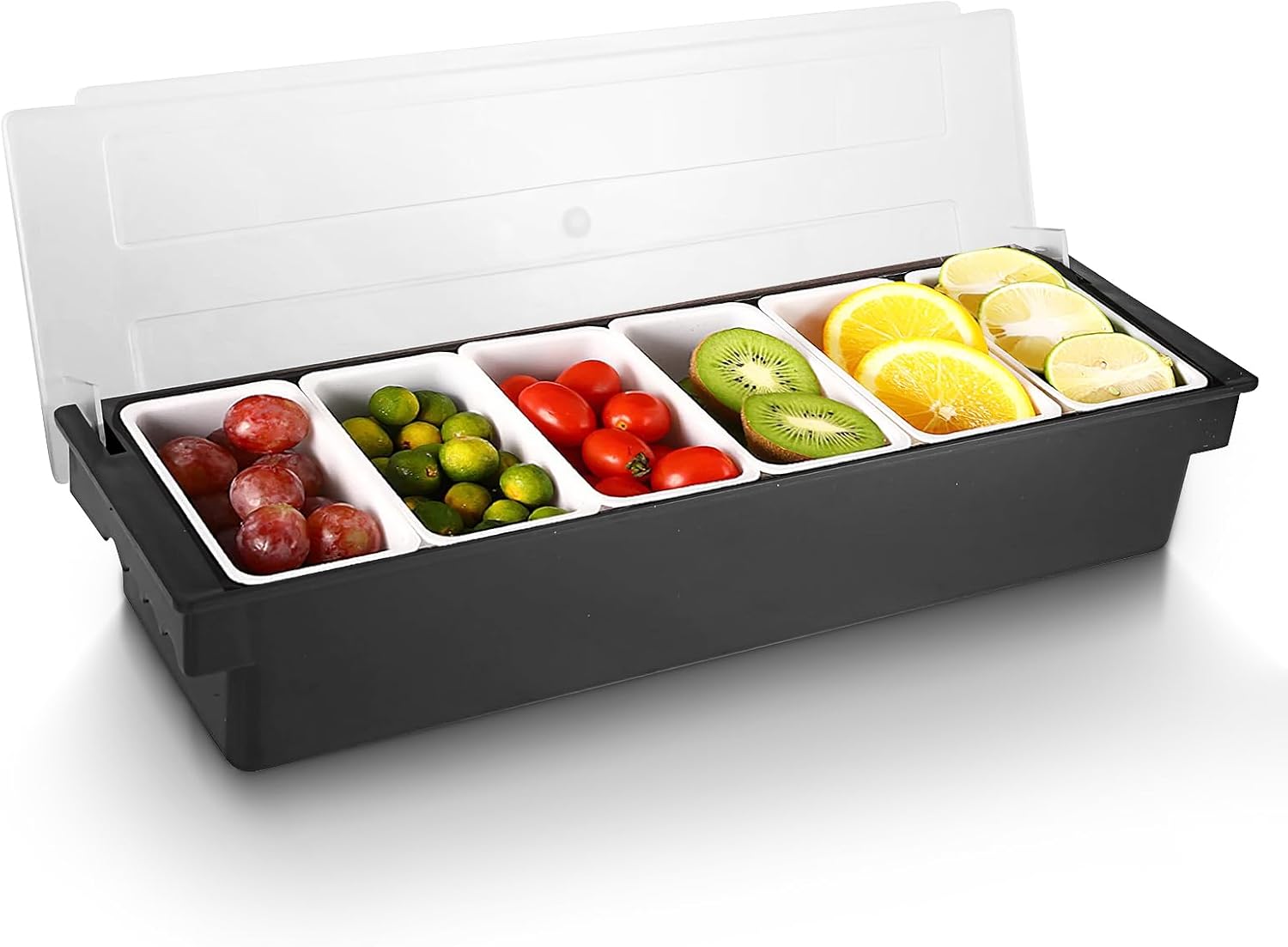 WICHEMI Fruit, Veggie & Condiment Caddy with Lid Dispenser Tray Plastic Garnish Station for Bartending & Serving Taco, Ice Cream, Salad Bar - Topping Organizer for Restaurant Supplies (6 Compartment)