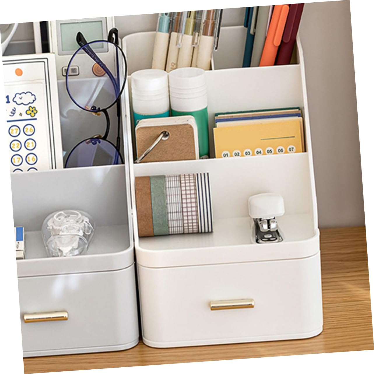 Organizer da Scrivania con Cassetto, Box Porta Oggetti Bianco