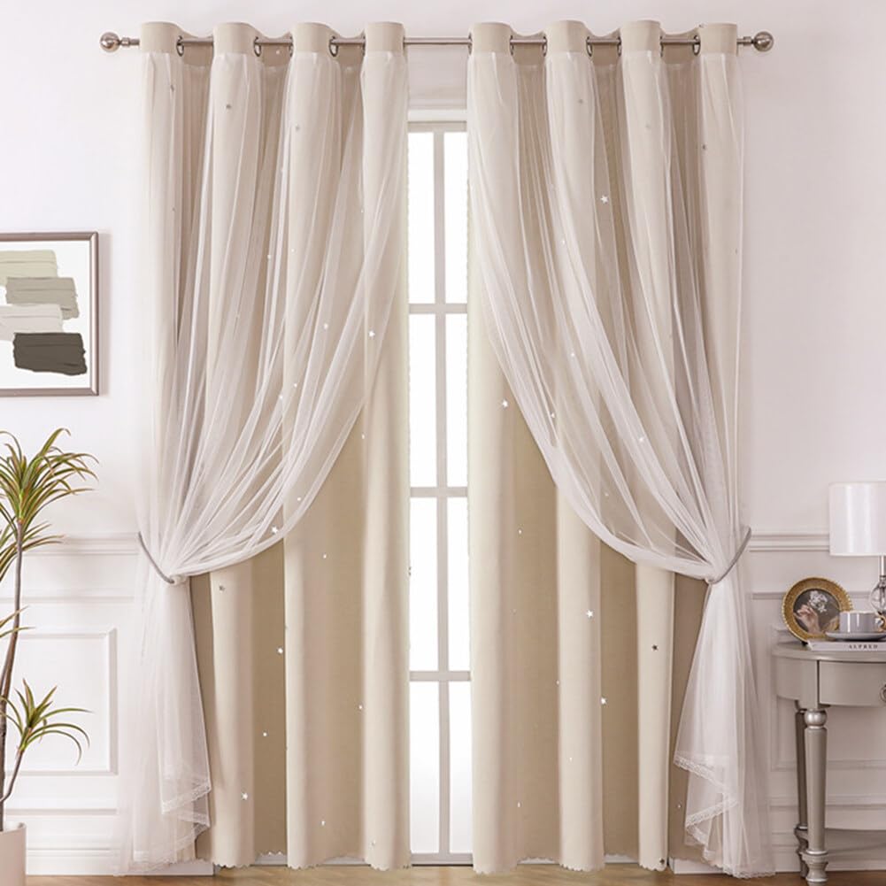 URFEDA Rideau Double Voilage à Dentelle Rideau Occultants Thermiques Rideaux étoilés Semi-translucide Rideaux Beige à Oeillets Voilages Intérieur Fenêtre en Polyester Souple Moderne 132x214cm