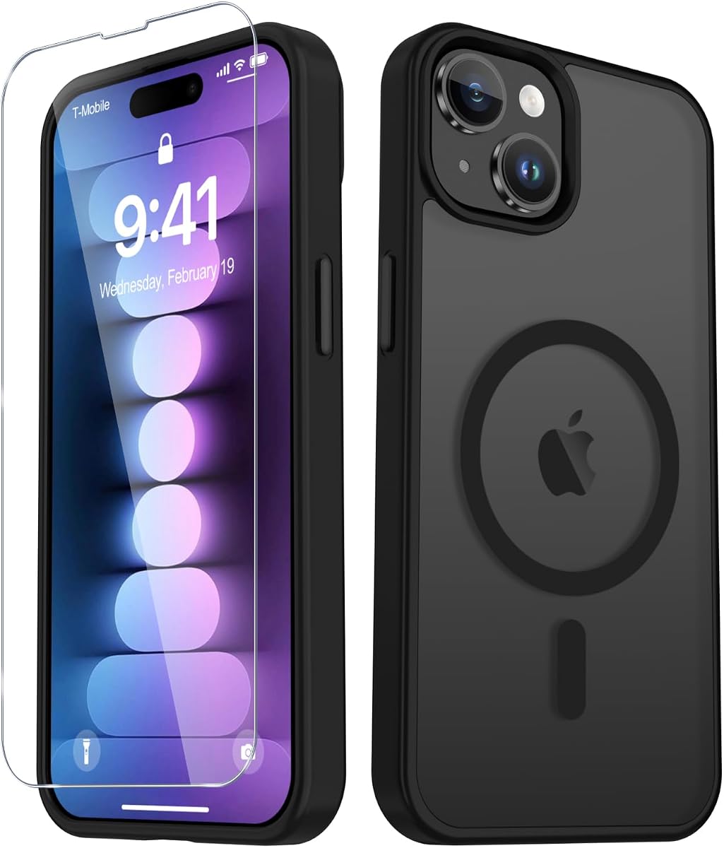 YENAPOON para funda iPhone 15, funda iPhone 14/13, cubierta magnética, negro | Compatible con MagSafe, protector de pantalla incluido, protección de grado militar a prueba de golpes, parte trasera esmerilada translúcida mate