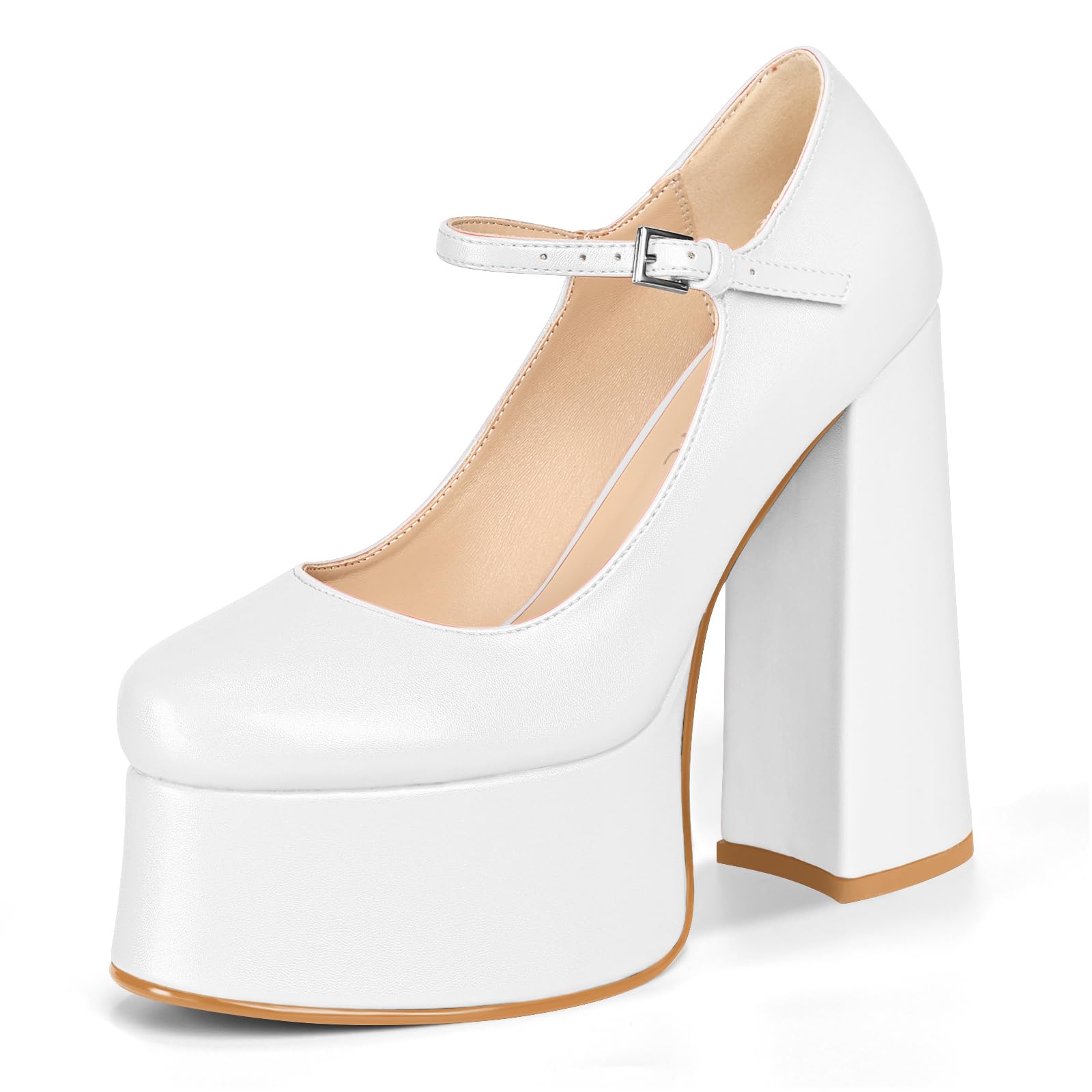 Perisis Women's Dressy Platform Chunky High Heels Patent Leather Ankle Strap Closed Toe Heeled Mary Jane Pumps Shoes