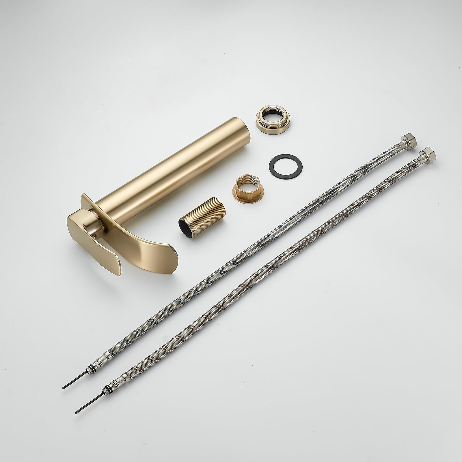 Moderno grifo de cocina cascada, caño alto en oro cepillado, cuerpo de latón con conexiones de 3/8", monomando para lavabo