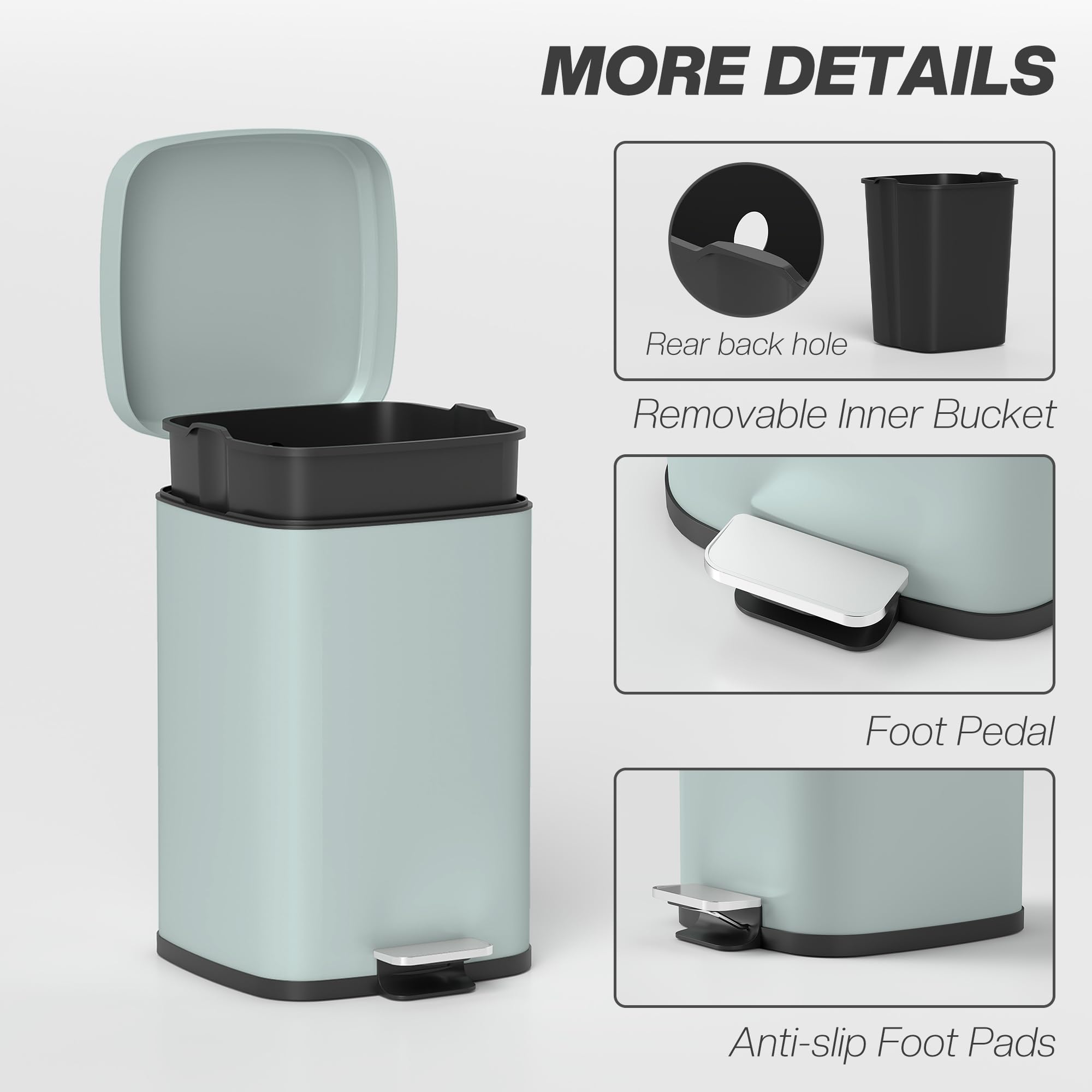 HOMCOM 20L Pedal-Mülleimer Küchen-Mülleimer Soft-Close Hellgrün | Fingerabdruckresistent, Fußpedal, herausnehmbarer Inneneimer, für Recycling und Abfall