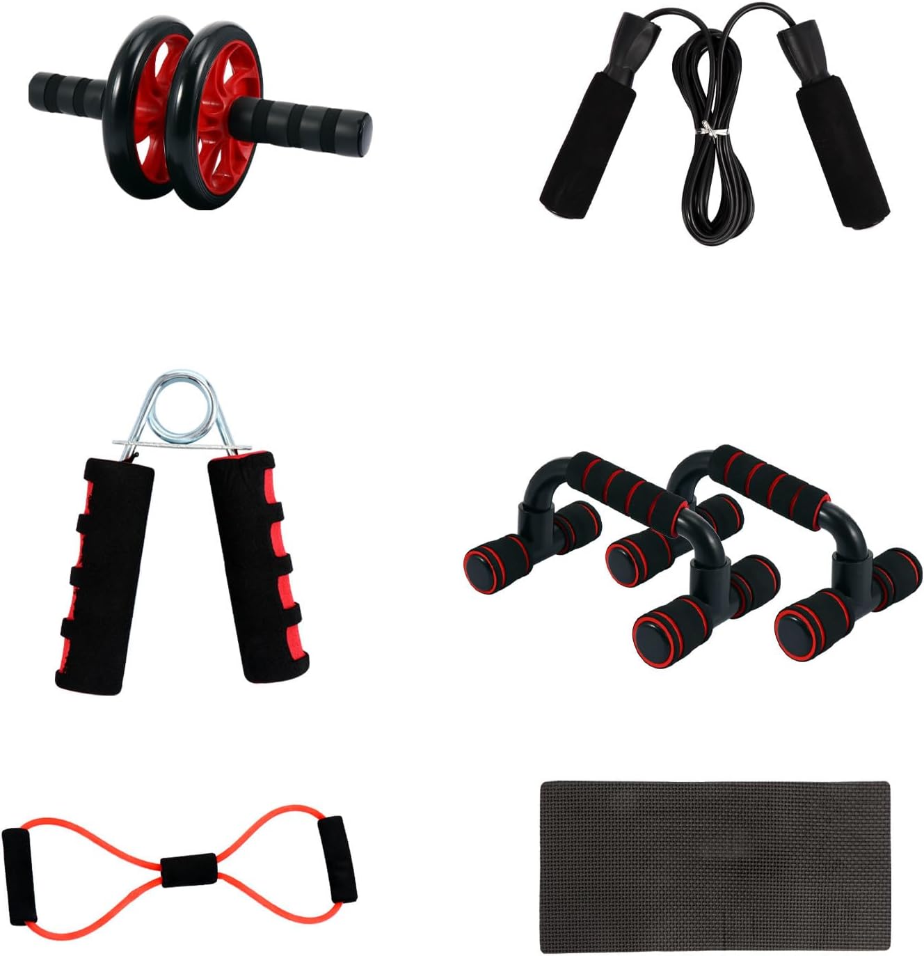 GARVALON Abdominal Roller Wheel with Dual Red Wheels, 7pcs Home Workout Set for Core Strength Training, Unisex Exercise Equipment for Abdominal Muscle Building and Fitness