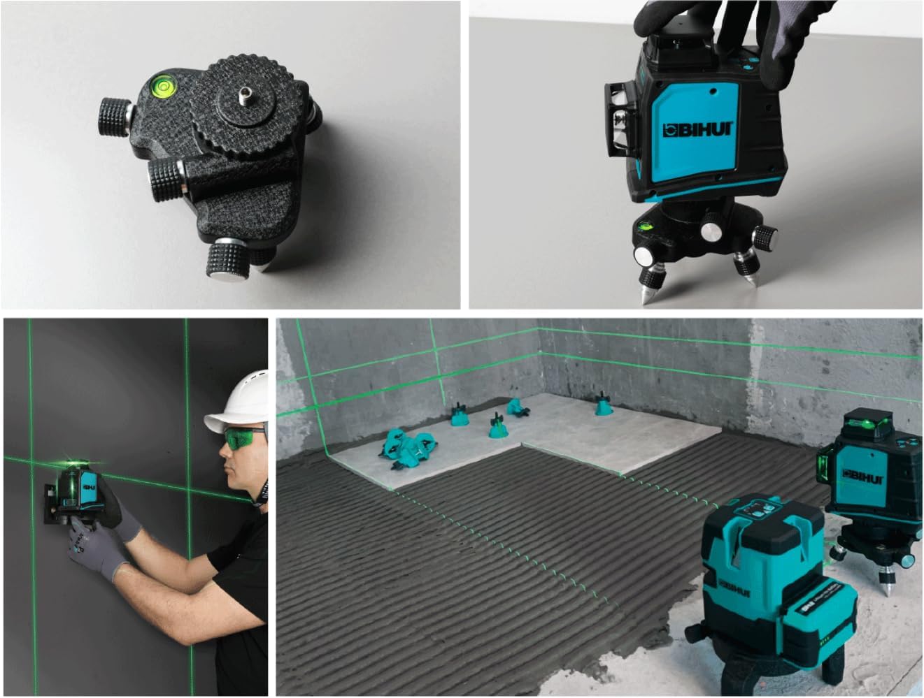 Collage showing various applications of the BIHUI LLG12 Laser Level, including wall leveling, floor tiling, and general alignment tasks.