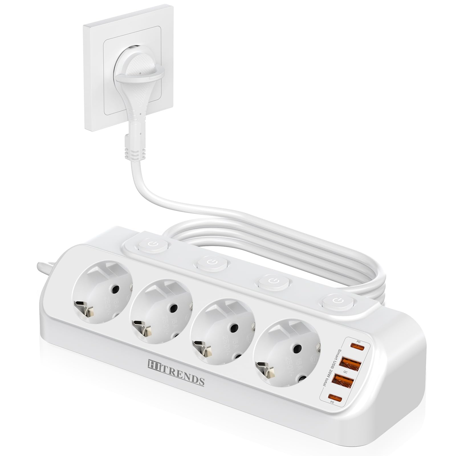 Ciabatta elettrica a 4 prese commutabili singolarmente, con USB C PD 20 W, 4 Schuko + 2 USB-C + 2 USB-A, 16 A, 3680 W, cavo intrecciato da 2 m, protezione per bambini, protezione da