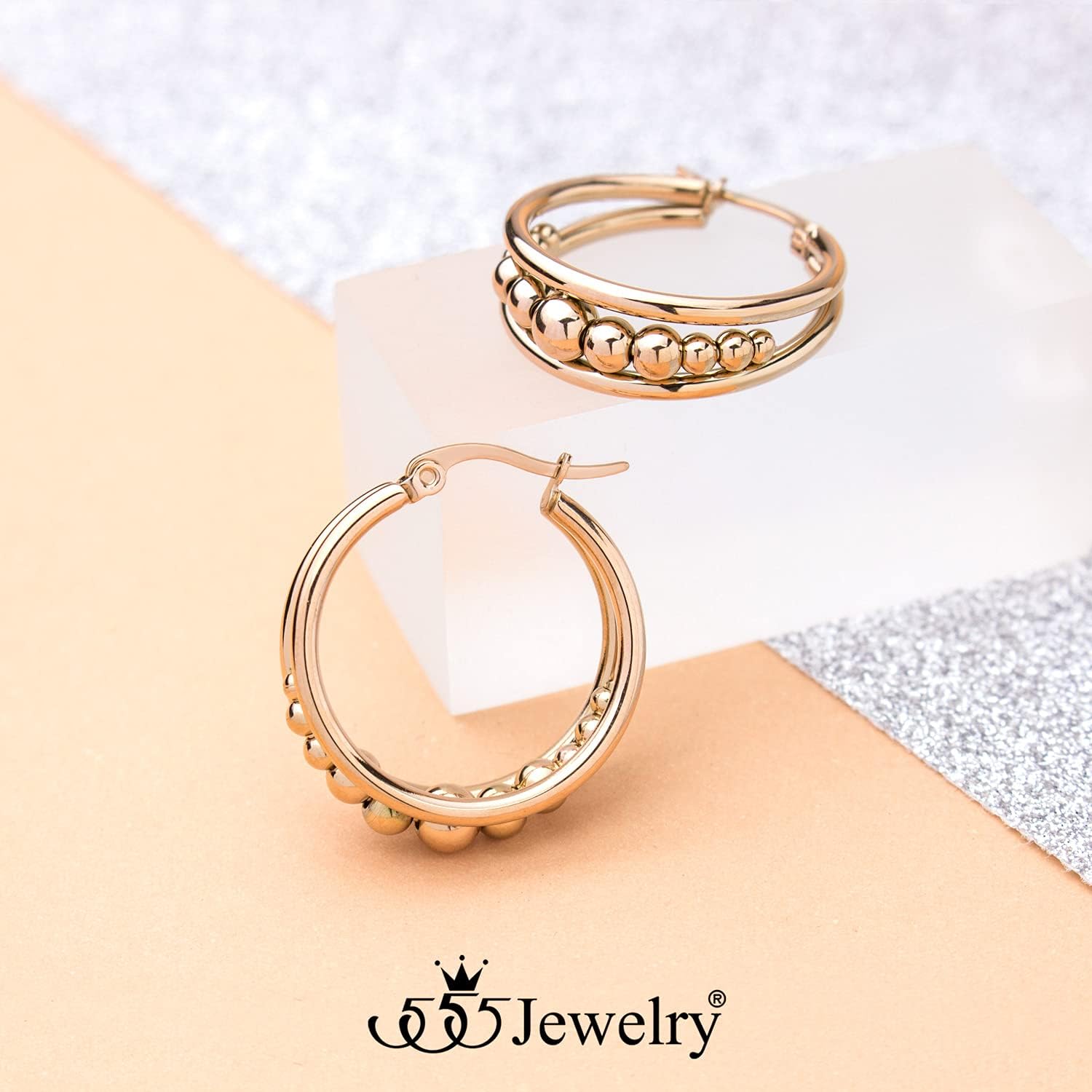 555Jewelry Hypoallergenic Medium Stainless Steel Wide Beaded Hoop Earrings for Women - Image 3