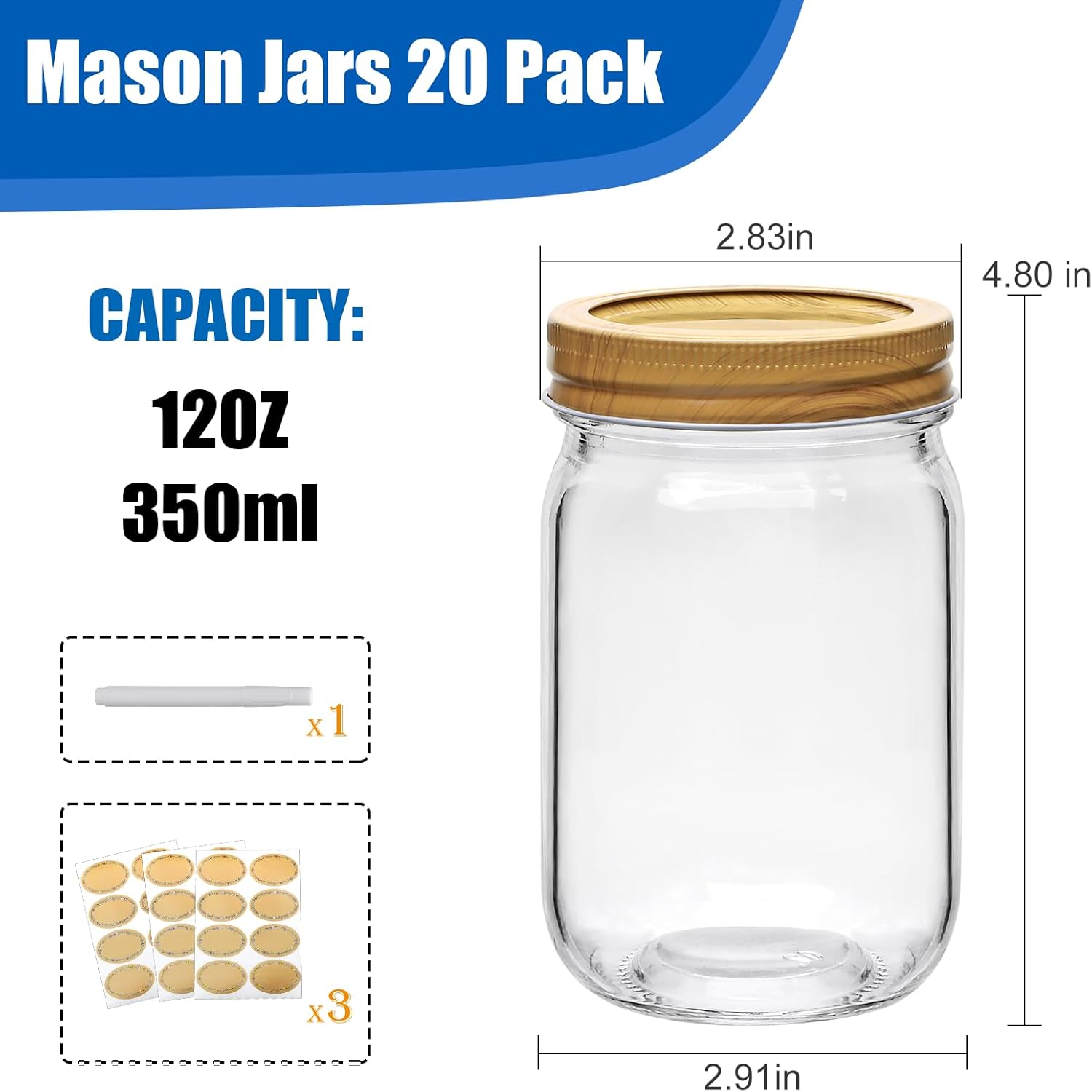 Accguan Mason Jars,Glass Jars With Woodgrain Lids and Bands 12 oz,Canning Jars For Pickles And Kitchen Storage,Wide Mouth Spice Jars With Silver Lids For Honey,Caviar,Herb,Jelly,Jams,Set of 20