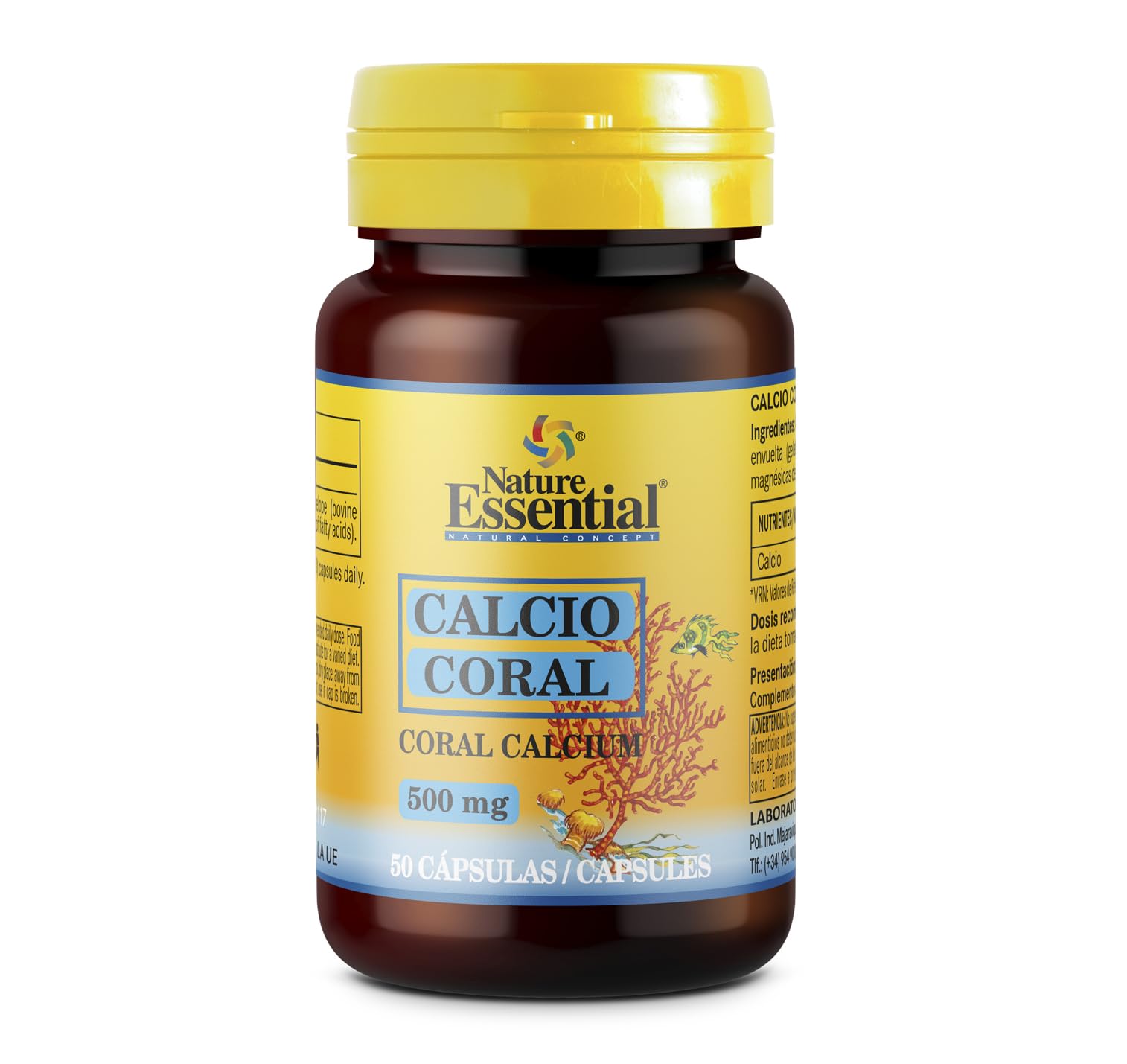 Nature Essential - Comprimidos de Calcio Coral 500 mg - 50 Cápsulas - A Partir de Carbonato de Calcio de Origen Marino - Ayuda a Fortalecer los Huesos