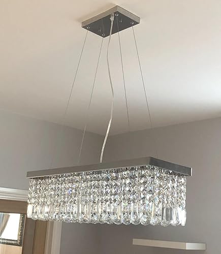 Miniatura 5 de Dst Lámpara de araña moderna de cristal, elegante lámpara de techo rectangular de lujo, lámpara colgante cromada de montaje empotrado para comedor,