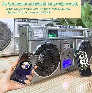 Classic 80s Retro Street Boombox with Bluetooth, Portable Recording, 4 Speakers - USB/AUX Support for Family Gatherings, Outdoor Activities