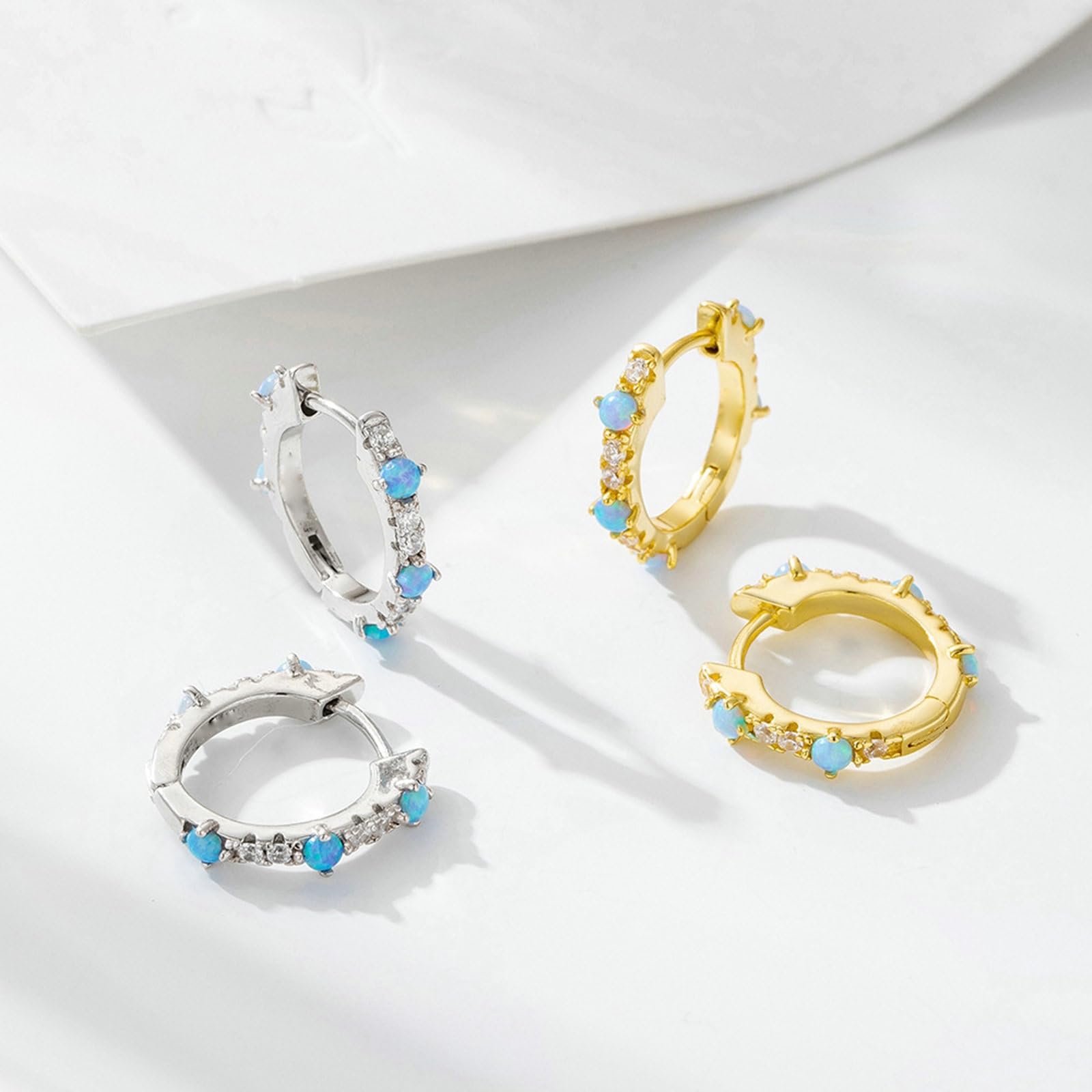 Wycian Pendientes grandes para mujer, ópalo azul y moissanita, pendientes de aro dorados pequeños pequeños para ella 9 K/14K/18K oro/platino