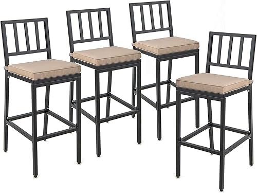 COSTWAY 4 sillas de bar para patio, taburetes de bar con marco de metal resistente, taburetes de bar resistentes para interiores y exteriores,