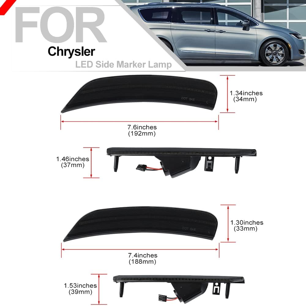 LED Side Marker Lights Front Rear Bumper Sidemarker Lamps for Chrysler 2020 2021 Voyager 2017-2022 Pacifica Replace OEM Side Marker Light Sidemarker Reflectors Kit Smoked Lens
