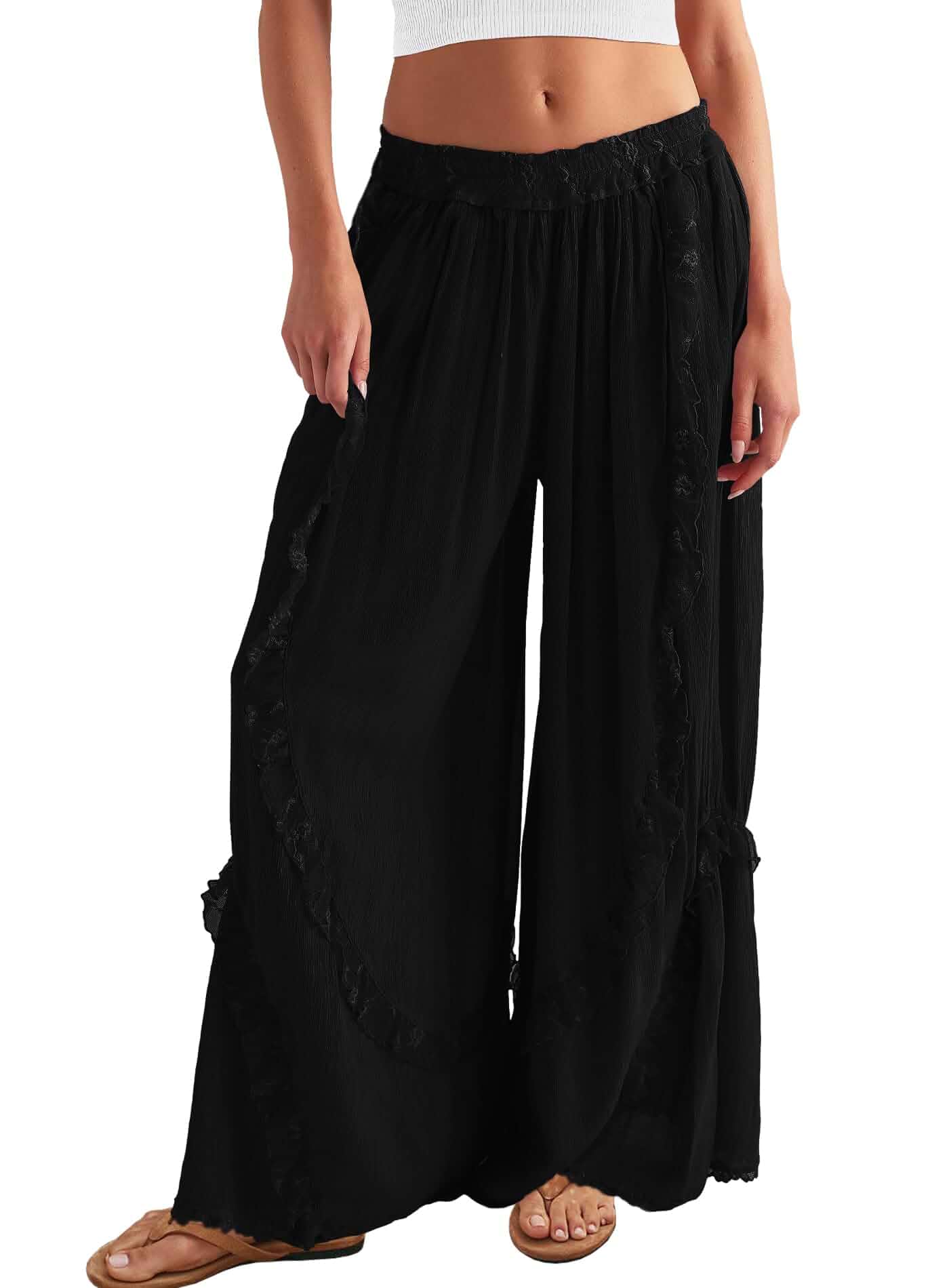 Yanekop Womens Flowy Lace Pants Wide Leg Palazzo Pants