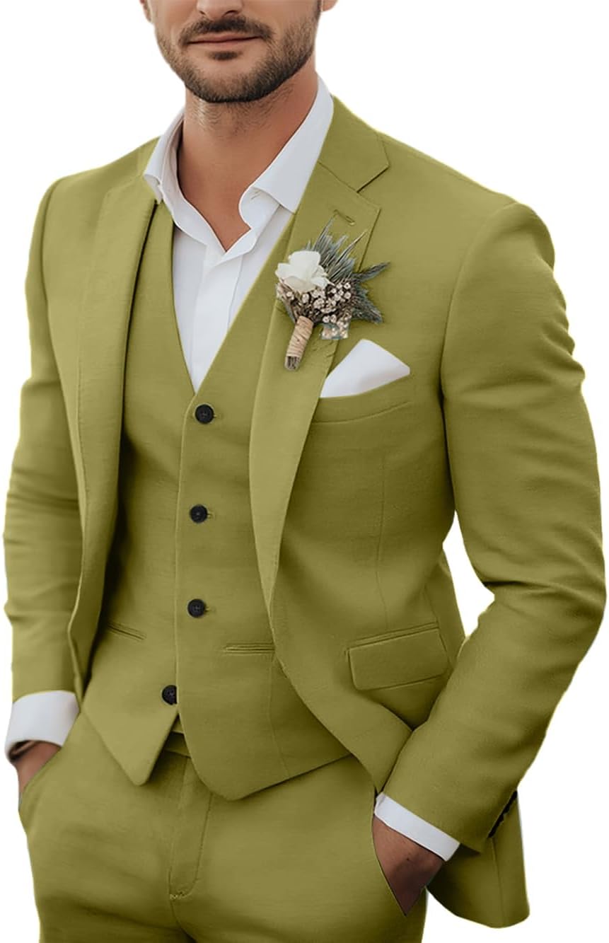 Men's 3 Piece Linen Suits Casual Lightweight Blazer Jackets Vest Pants Set for Wedding Business Prom Suit