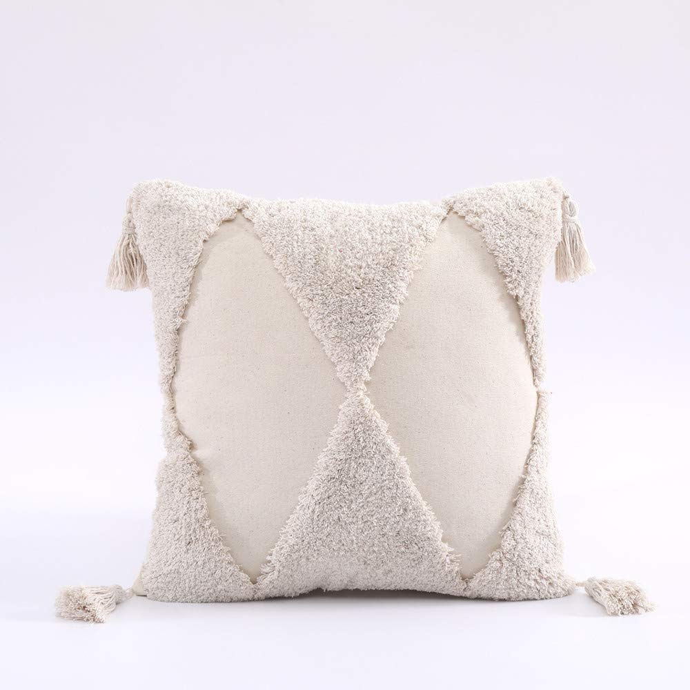 Boho Throw Pillow Cover with Tassels Embroidery, Full Cotton Canvas Decorative Pillowcase for Couch Sofa Bedroom Living Room Supersoft Backrest Cushion Cover 1 Pcs (18" x 18") (White)