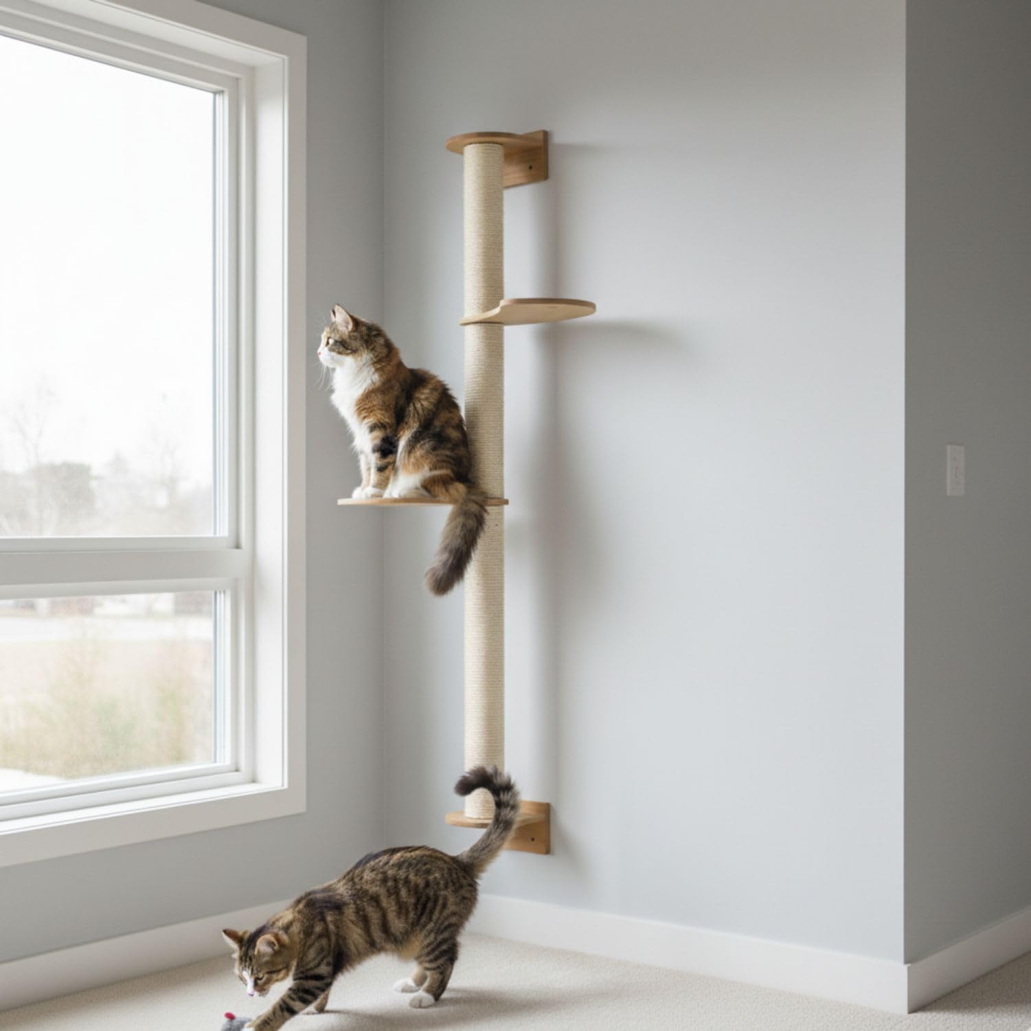 eyepower 130 cm Rascador de Pared Luna con 2 Plataformas de Bambú - Árbol para Gatos con Estanteria - Columna de Sisal Natural - Recorrido de Estantes - Torre Gato Estable - Poste Alto Fijación Mural