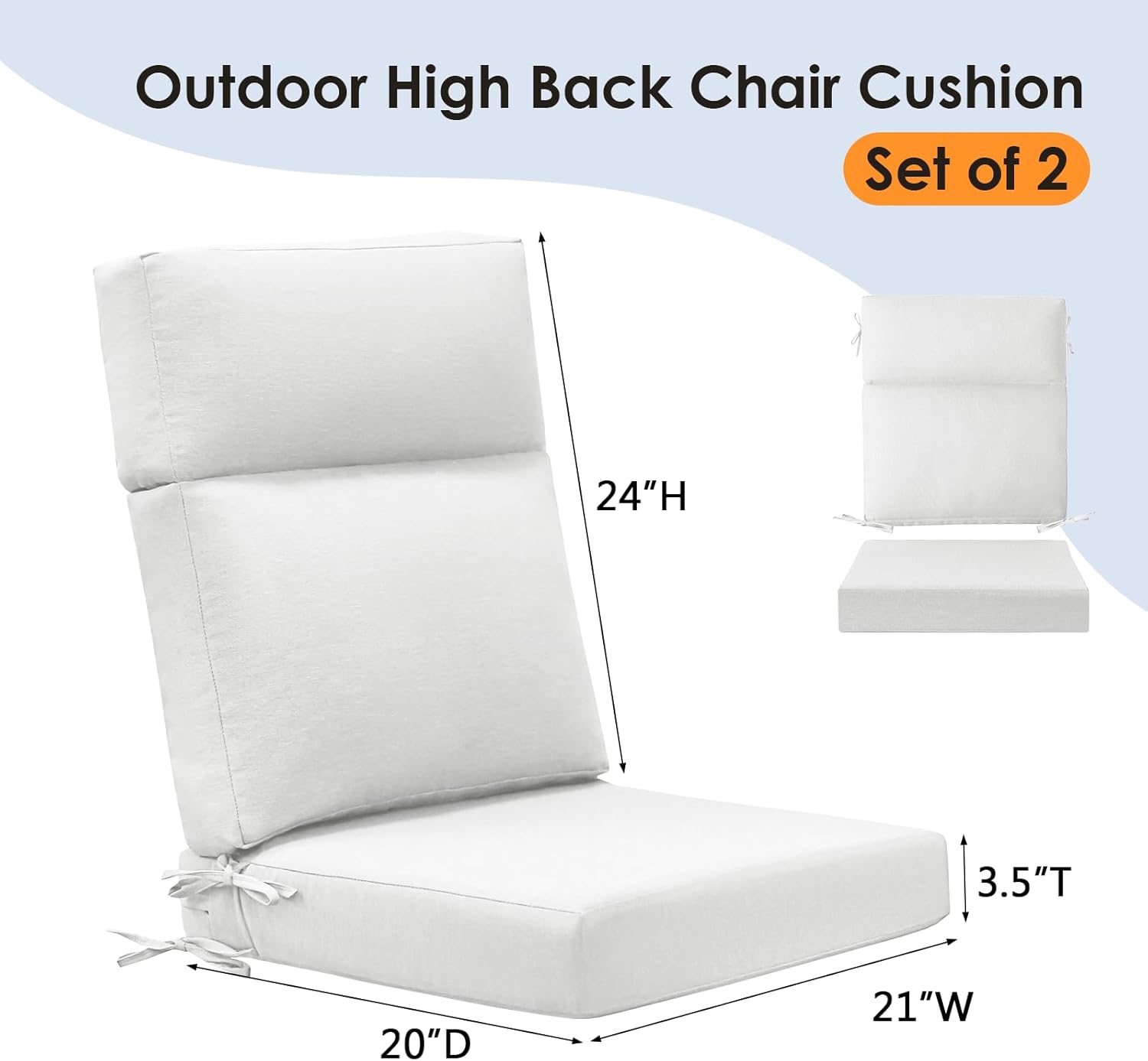 Unimatta Outdoor Separate High Back Chair Cushion Seat Pads, 2-Pack 44 x 21 Inch Water-Repellent & Fade-Resistant Patio Furniture Cushions with Ties for Adirondack, Rocking Chairs, Linen
