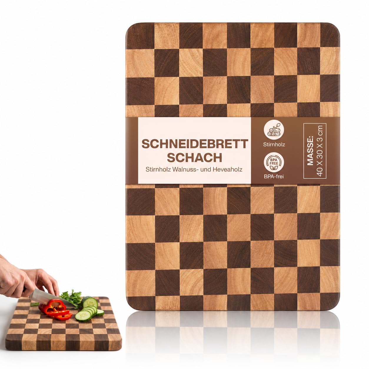 Premium Schneidebrett Stirnholz Schachbrett mit Saftrille aus Walnuss- und Heveaholz - 40 x 30 x 3 cm Hochwertiges Küchenbrett aus Holz - Holzschneidebrett groß mit Standfüßen - Hackblock