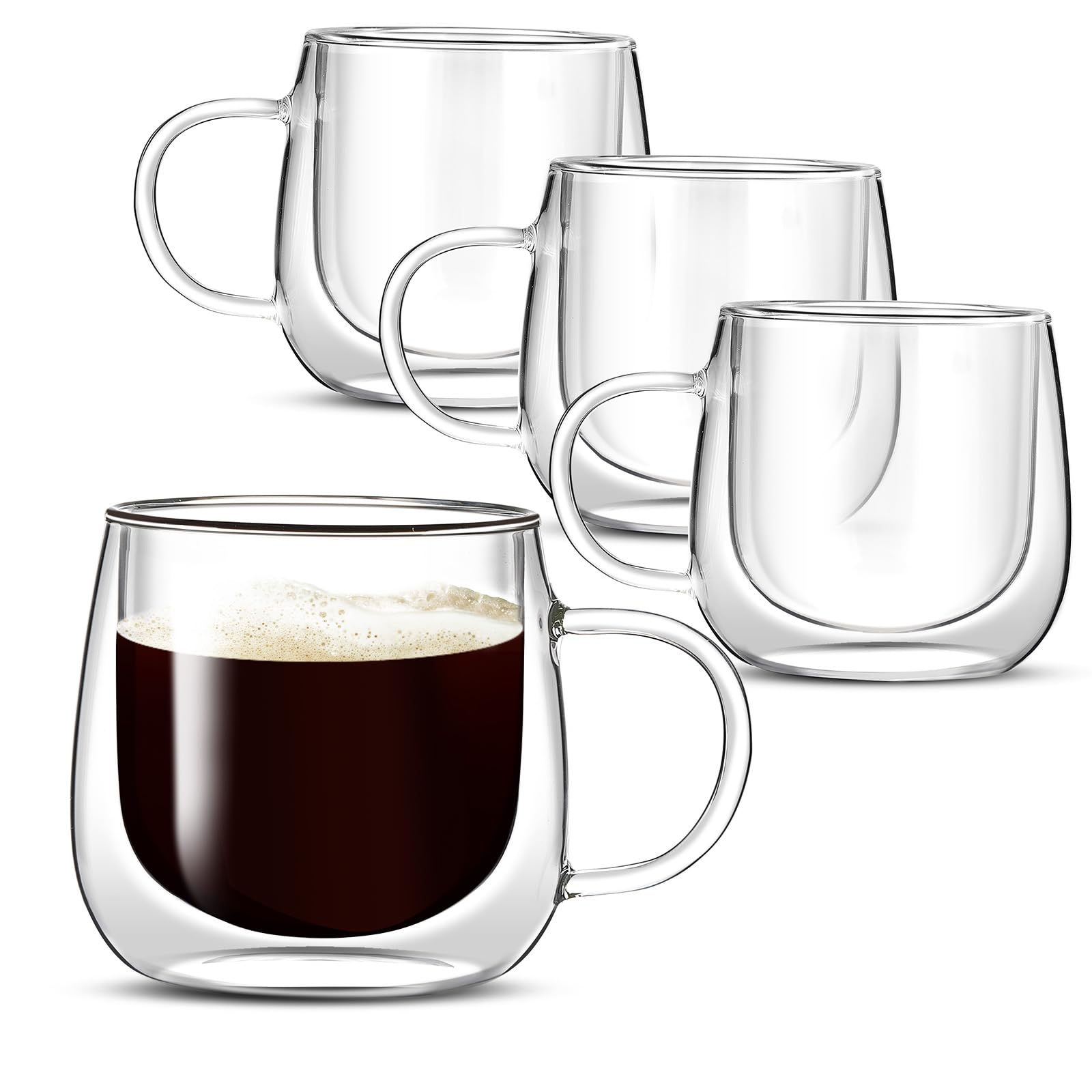WEECHUNG 10oz Double Wall Glass Coffee Mugs Set of 4,Large Insulated Espresso Cups, insulated glass coffee cups, glass mugs with handles, borosilicate glass mug for Cappuccino, Americano, Tea