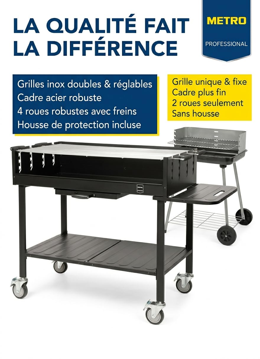 METRO Professional Barbecue DELUXE au charbon de bois sur roulettes, 137 x 68 x 94 cm, housse de protection et tablette, acier/inox, noir