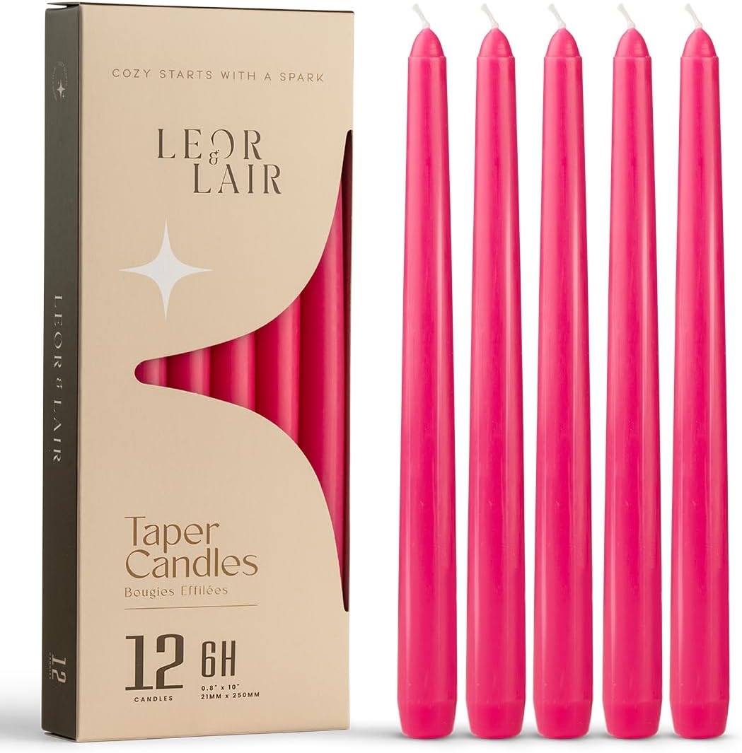 Leor & Lair Hot Pink Taper Candles, 12 Pack, 10" Pink Candles