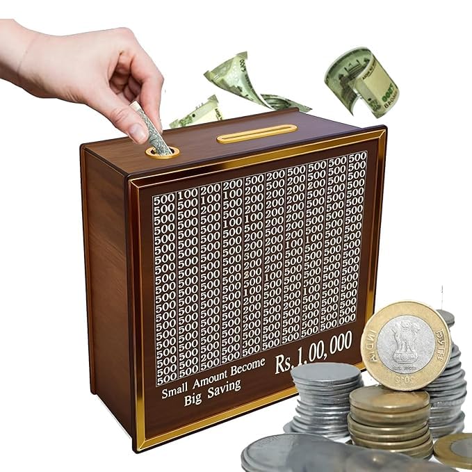 Image of McMus Money Saving Box for Kids and Adults | Wooden Money Bank with Lock | 1 Lakh Saving Box with Numbers | Undiyal Hundi Pig Bank (Regular 1)