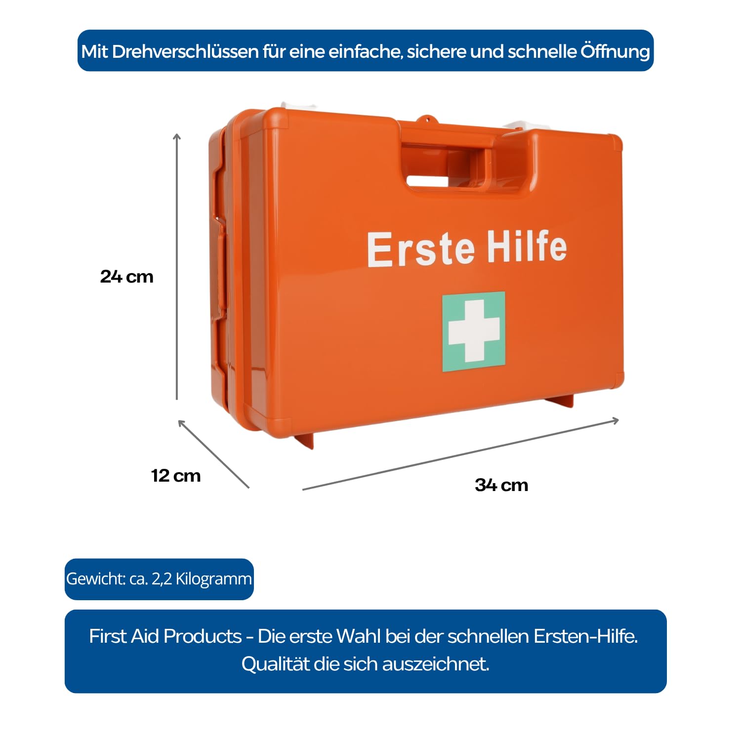 First Aid Products Erste Hilfe Koffer MEDIUM – inkl. DIN 13157:2021 Füllung – orange, ABS-Kunststoff, bruchsicher – Wandhalterung & Schrauben – öffentliche Einrichtungen, Betrieb, Bau & Privat