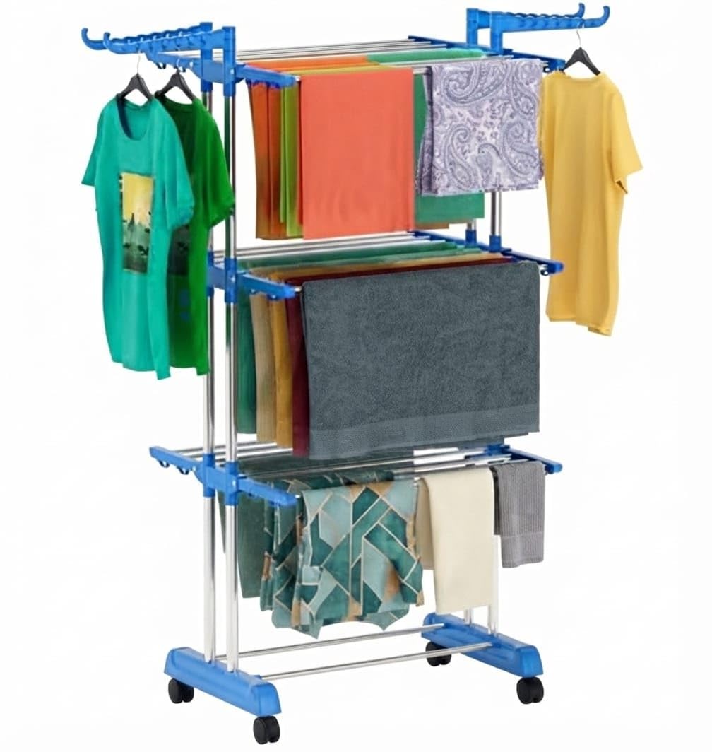 RedKart 3-Tier Clothes Drying Rack with Wheels, Stainless Steel, Blue | Foldable Design, Side Hanger Hooks, Rolling Casters, Indoor & Outdoor Use, Multi-Layer Drying-picture-17