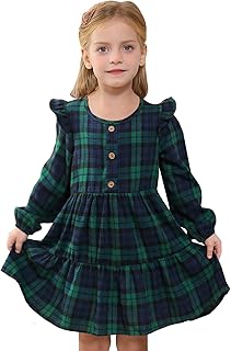 Toddler Baby Girls Dress Plaid Ruffle Flannel Long Sleeve Button Zip A-Line Tiered Dress Fall Winter Outfits - Buy now