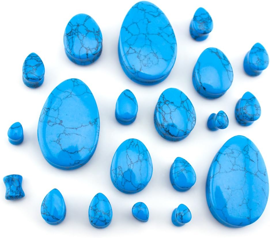 Urban Body Jewelry 1 Pair of 1 & 1/8" Inch (28mm) Turquoise Howlite Stone Teardrop Plugs/Gauges