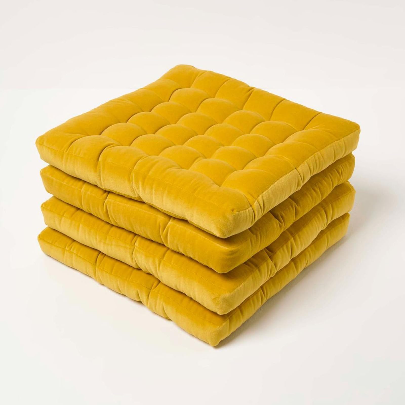 Homescapes Unisex Mustard 4 Pack Seat Pads Luxury Cotton Velvet Indoor Outdoor Garden Cushion, 40Cm In | Size: 40Cm X 40Cm