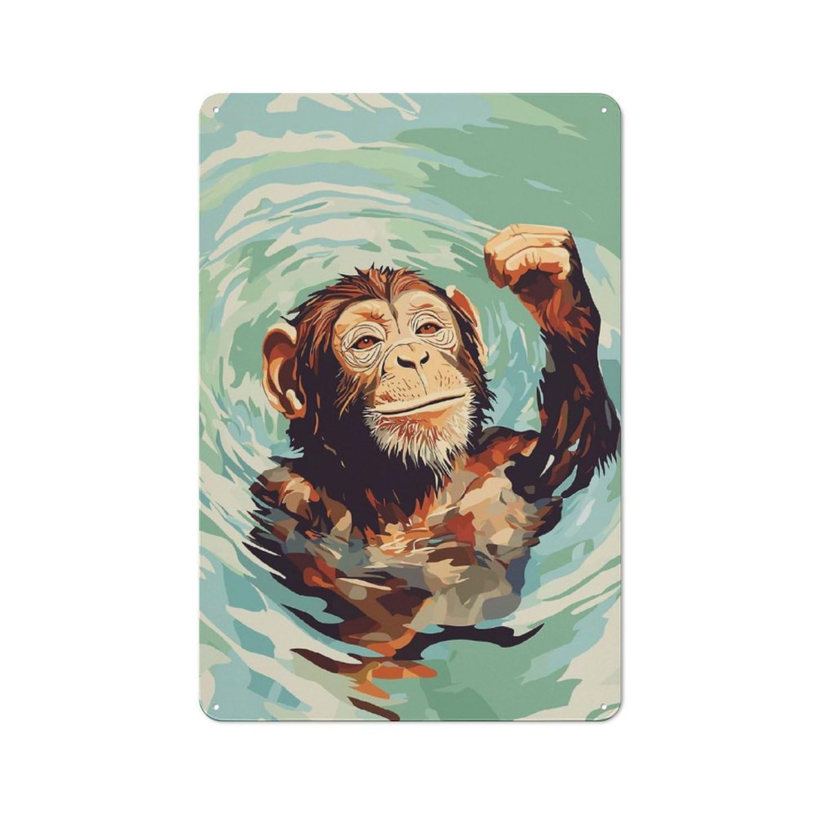 Junmoney Style-7 Monkey Swimming In Water Digital Art Retro Metal Wall Sign 30X20cm For Guest Room Or Hallway, A Housewarming Gift For Home Decor Collectors