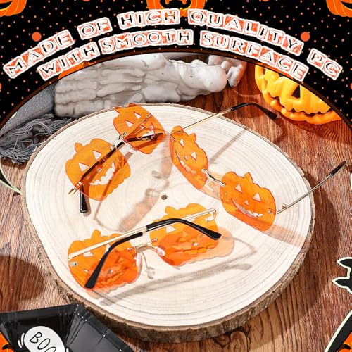 Kanayu 6 Pairs Pumpkin Snowflake Shape Sunglasses Rimless Sunglasses Cute Novelty Glasses for Halloween Winter Hollow Party2