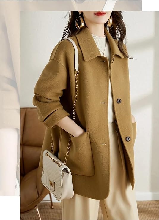 Firmiarii Handmade Wool Coat, Cashmere Coat, Women's, Winter, Chester Coat, Outerwear, Cute, Fashionable, Loose, Beautiful, Warm, Simple, Plain, Cold Protection, Large Size, Commuting to Work or