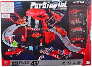 مجموعة ألعاب موقف سيارات الإطفاء للأطفال من عمر 3 سنوات فأكثر يحتوي على 43 قطعة، أحمر ورمادي