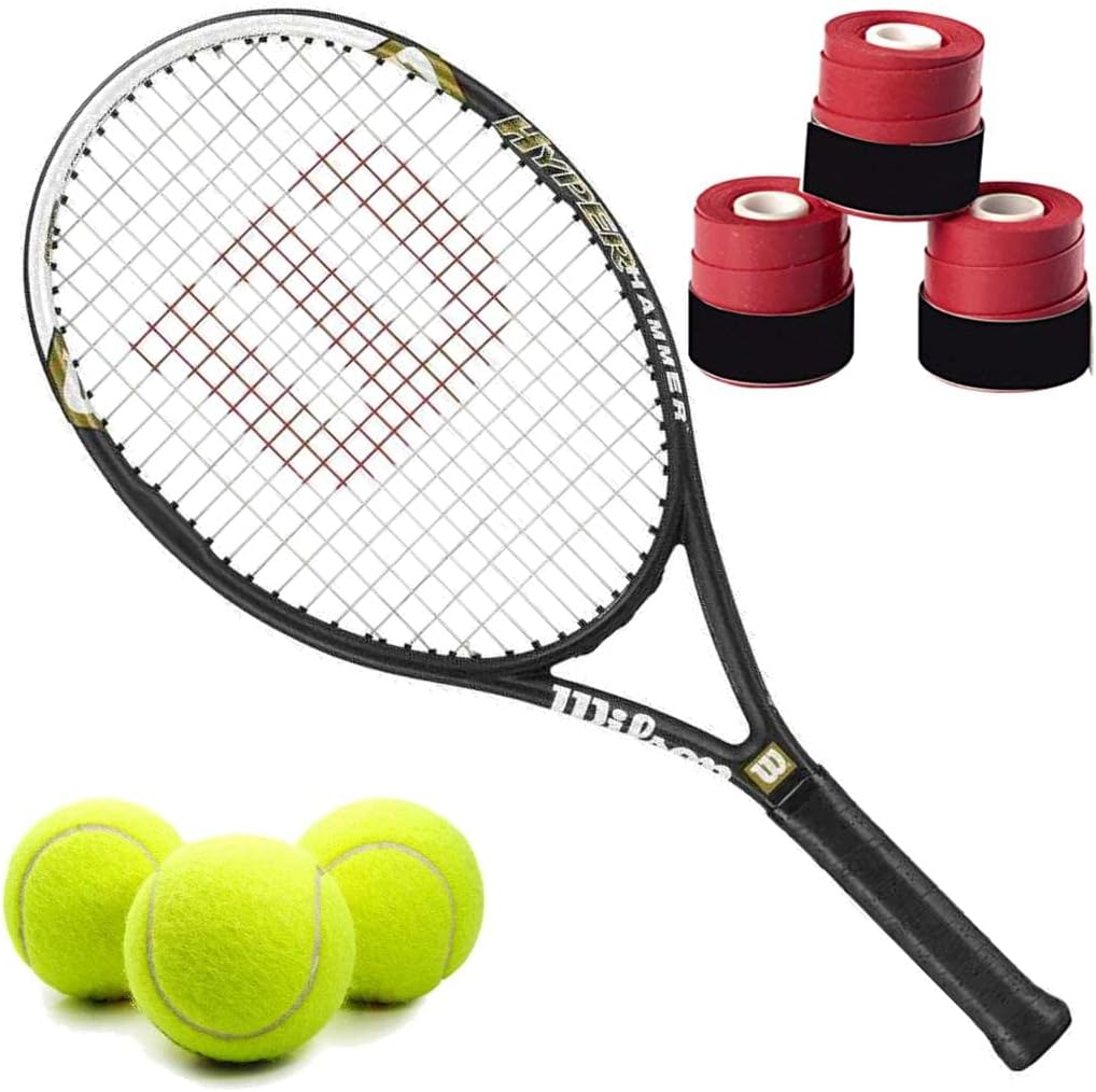 Wilson Hyper Hammer 5.3 110 Pre-Strung Recreational Tennis Racquet Set or Kit Bundled with Overgrips and a Can of ITF Regulation Tennis Balls