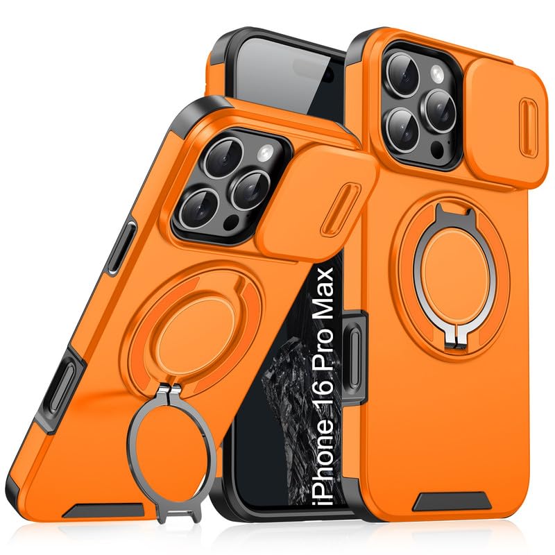 Image of LuxuryKase Shockproof Rugged Case for iPhone 16 Pro Max | Slide Camera Cover | 360 Rotating Ring Kickstand | Military-Grade Protection - Sunset Orange