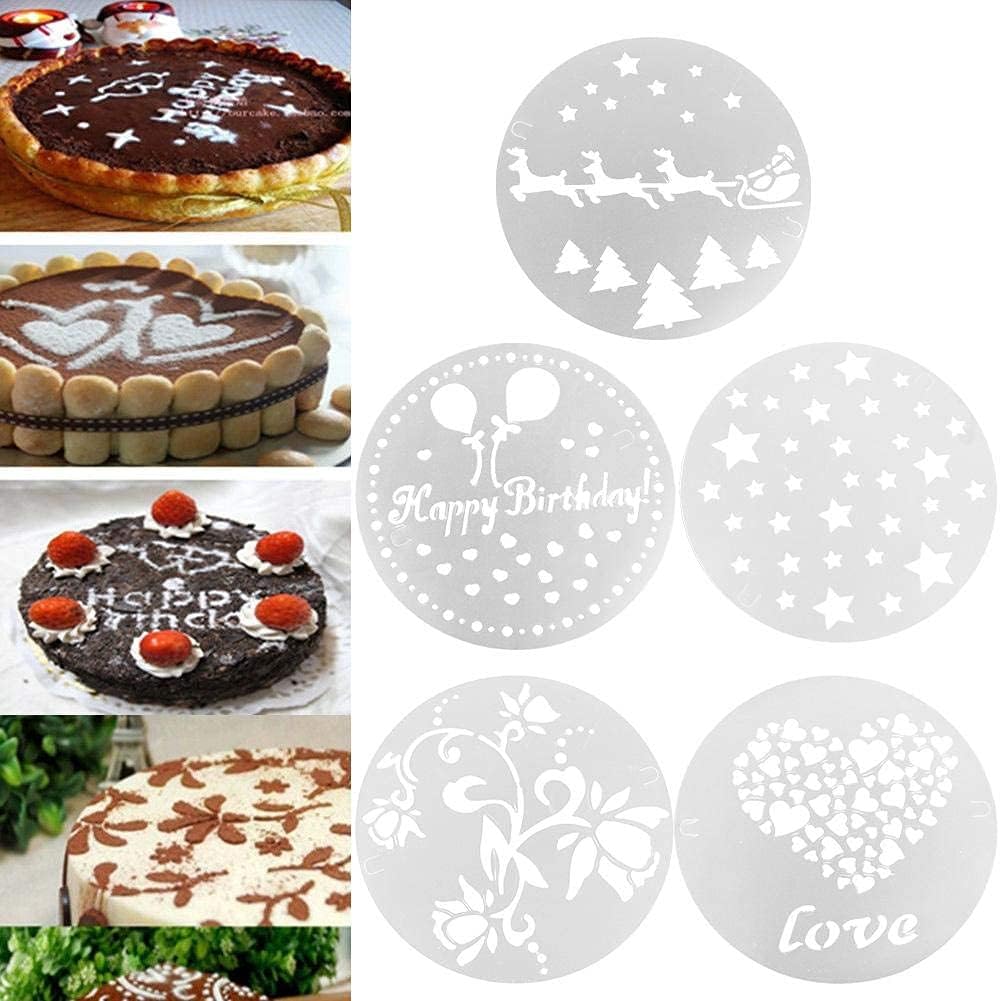 Fdit 5PCS Plastic Baking Tool Cake Stencils Decorating Cake Spray Stencil Template Cake Decorating Tools for Birthday Wedding Cake Decoration