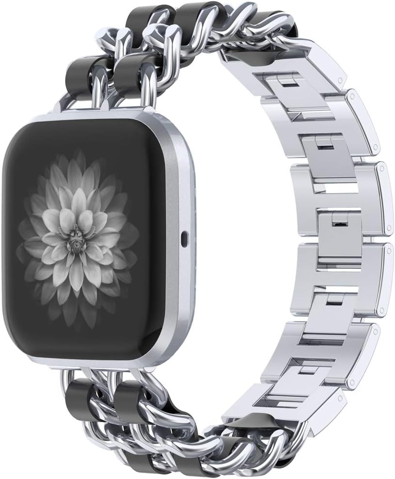 Wearlizer Chain Bands Compatible with Fitbit Versa 2/Fitbit Versa/Versa Lite Bands for Women Girl,Metal Chain interlaced with Leather Strap Bracelet for fitbit versa dressy bands(Silver+Black)