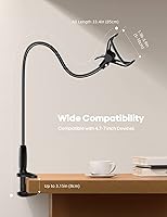 Vista 12 de Lamicall Soporte de teléfono de cuello de cisne para cama, clip de abrazadera ajustable 360, soporte de montaje para teléfono celular para Negro