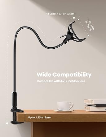 Lamicall Gooseneck Phone Holder for Bed - [Upgraded Stable Clip] for Desk, Headboard, Bed, Bedside, Table, Flexible Gooseneck Long Arm Stand, Overhead Cell Phone Clamp Mount, Gift for All 4-7 Device