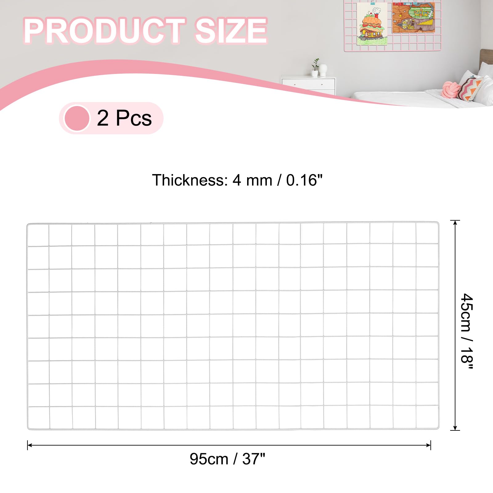 PATIKIL 95x45cm Wire Grid Panel, 2 Pack Board Photo Pictures Memo Display Grid Panels Hanging Organizer Wall Decorative Panel for Home Office Wedding, White - Image 2