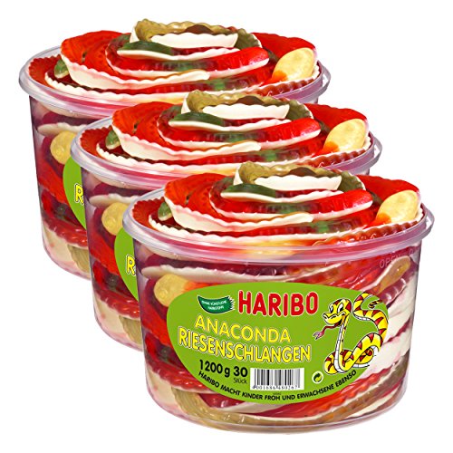 Haribo Anaconda Riesenschlangen Fruchtgummi 3er Pack (3 x 1200 g) Bunte XXL Gummischlangen Fruchtige Kaubonbon-Süßigkeit Ideal zum Teilen & Naschen