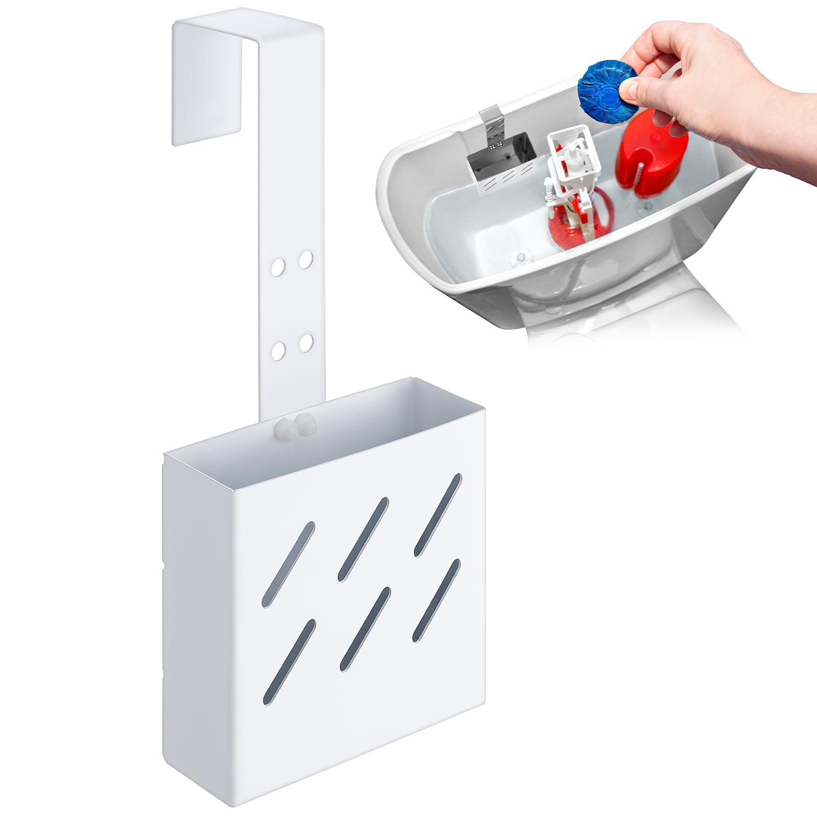 Honeydak 3.2 x 2.8 x 1.2 Inch Stainless Steel Toilet Tank Cleaner Holder with Adjustable Hook, Hanging Toilet Cleaner Caddy (White)